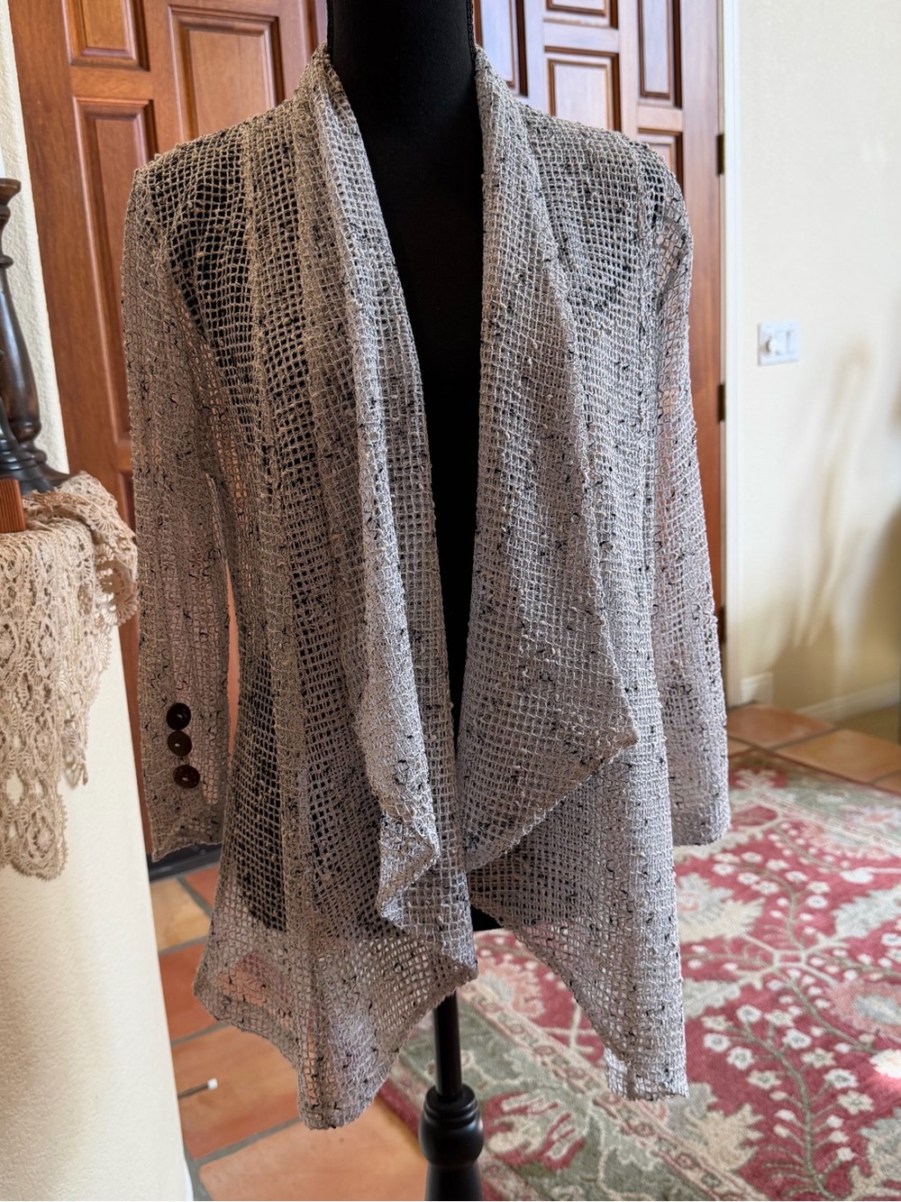 Lulu B Women's Open Knit Mesh Cardigan Beige Medium Polyester Viscose